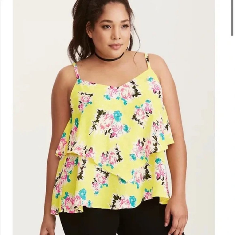 Torrid Neon Yellow Floral Handkerchief Hem Camisole Tank Top Size 3X EUC
